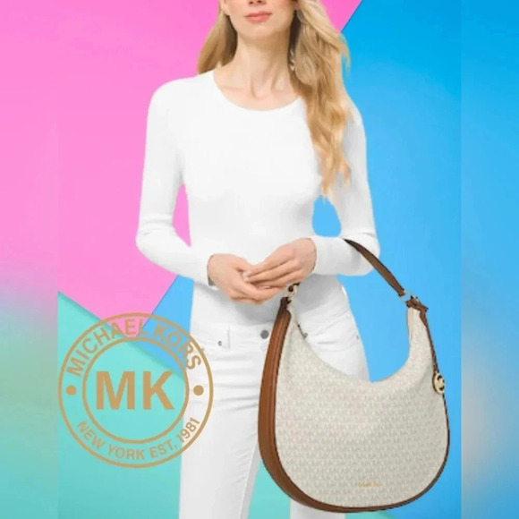 Michael Kors Jet Set Linda Acorn Leather Vanilla Monogram Large Hobo - Picture 2 of 12